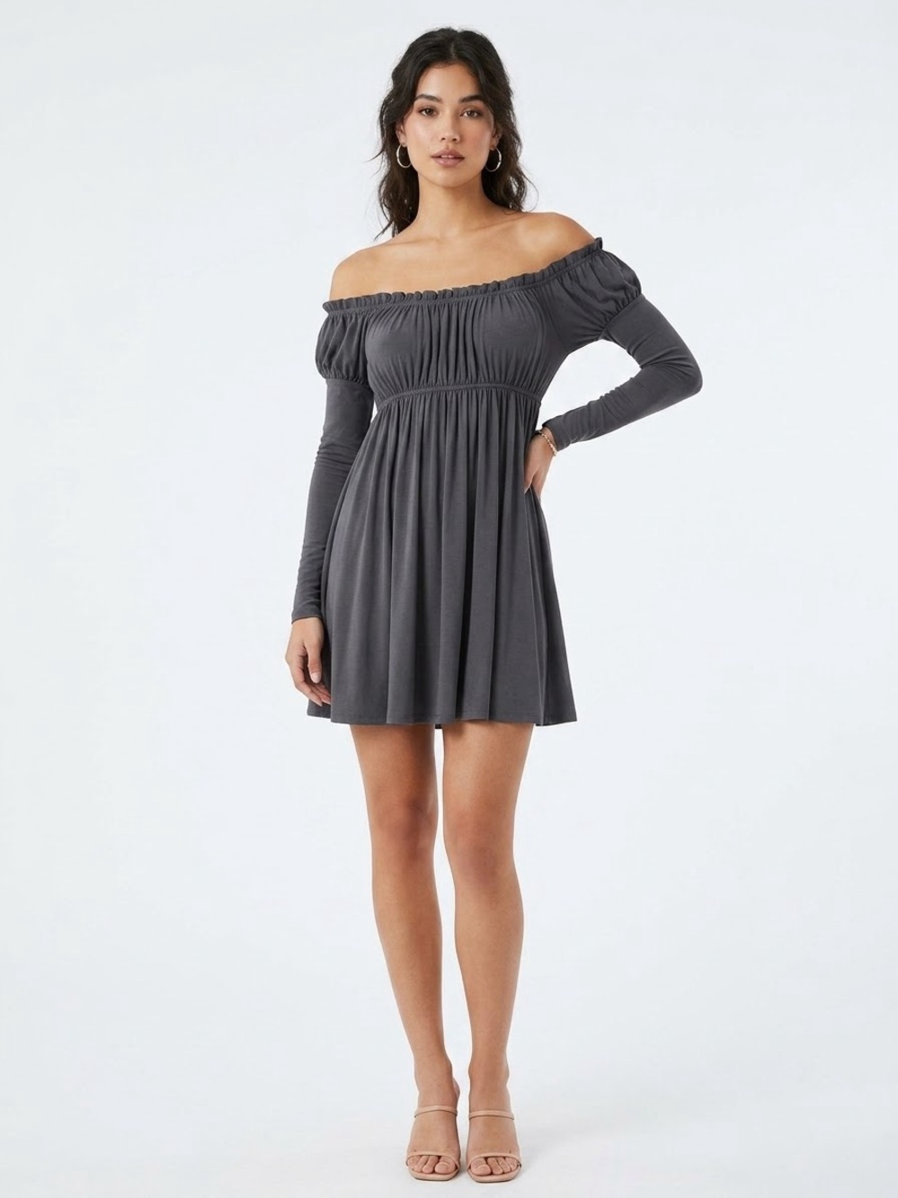 Norma Kamali Charcoal Grey Off the Shoulder Long Sleeve Dress Fairycore Medium